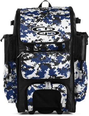 Boombah Rolling Superpack Baseball/Softball Gear Bag - 23-1/2" x 13-1/2" x 9-1/2" - Digital Camo Black/Royal - Telescopic Handle - Holds 4 Bats - Wheeled Version