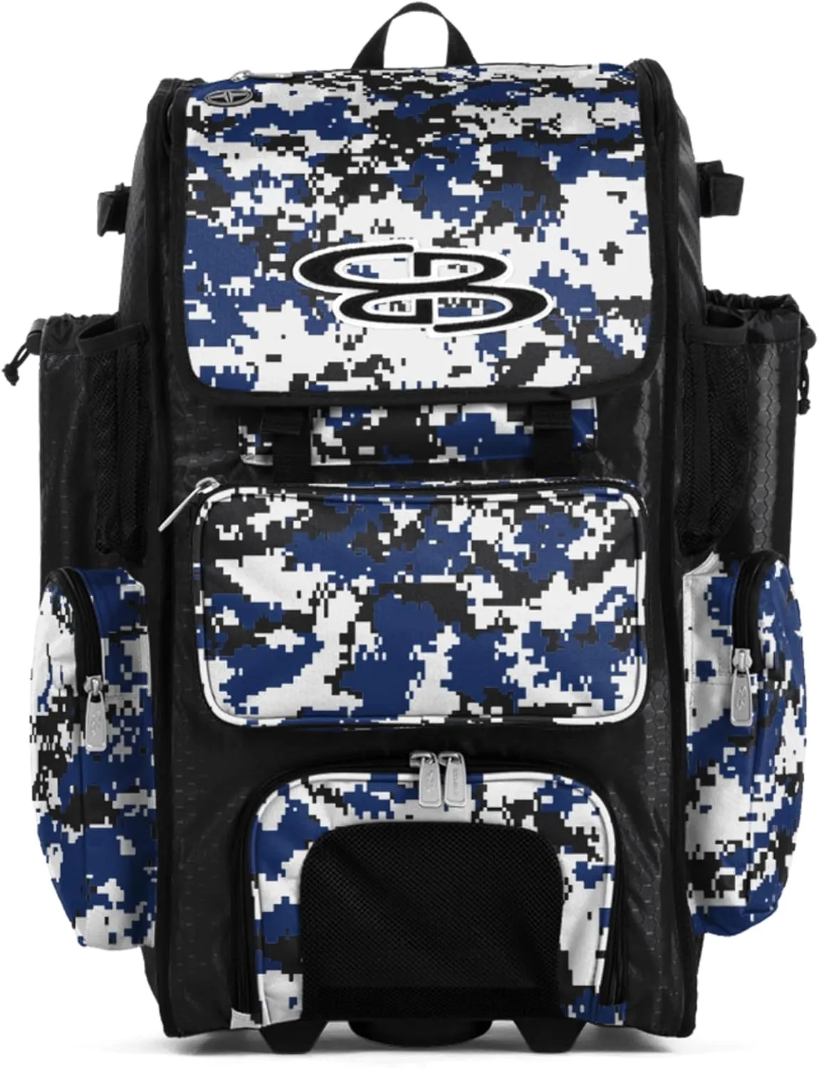 Boombah Rolling Superpack Baseball/Softball Gear Bag - 23-1/2" x 13-1/2" x 9-1/2" - Digital Camo Black/Royal - Telescopic Handle - Holds 4 Bats - Wheeled Version