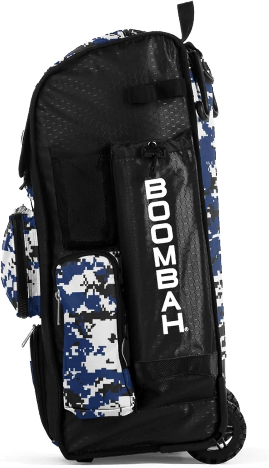 Boombah Rolling Superpack Baseball/Softball Gear Bag - 23-1/2" x 13-1/2" x 9-1/2" - Digital Camo Black/Royal - Telescopic Handle - Holds 4 Bats - Wheeled Version