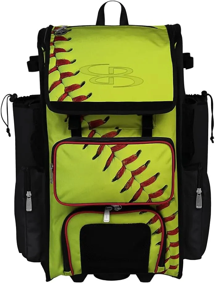 Boombah Rolling Superpack Baseball/Softball Gear Bag - 23-1/2" x 13-1/2" x 9-1/2" - Softball Homerun Optic Yellow/Black/Red - Telescopic Handle - Holds 4 Bats - Wheeled Version