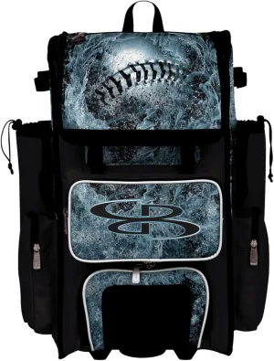 Boombah Rolling Superpack Baseball/Softball Gear Bag - 23-1/2" x 13-1/2" x 9-1/2" - Telescopic Handle - Holds 4 Bats - Wheeled Version - Baseball Chrome Black/White/Ice Blue