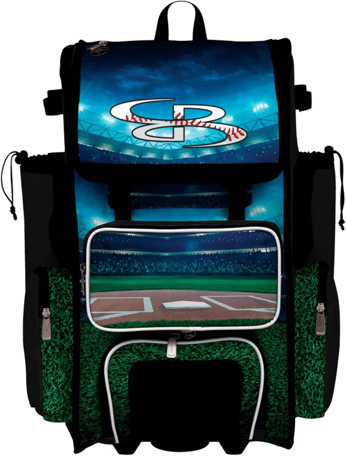 Boombah Rolling Superpack Baseball/Softball Gear Bag - 23-1/2" x 13-1/2" x 9-1/2" - Telescopic Handle - Holds 4 Bats - Wheeled Version - Baseball Stadium Lights Black/White/Kelly Green