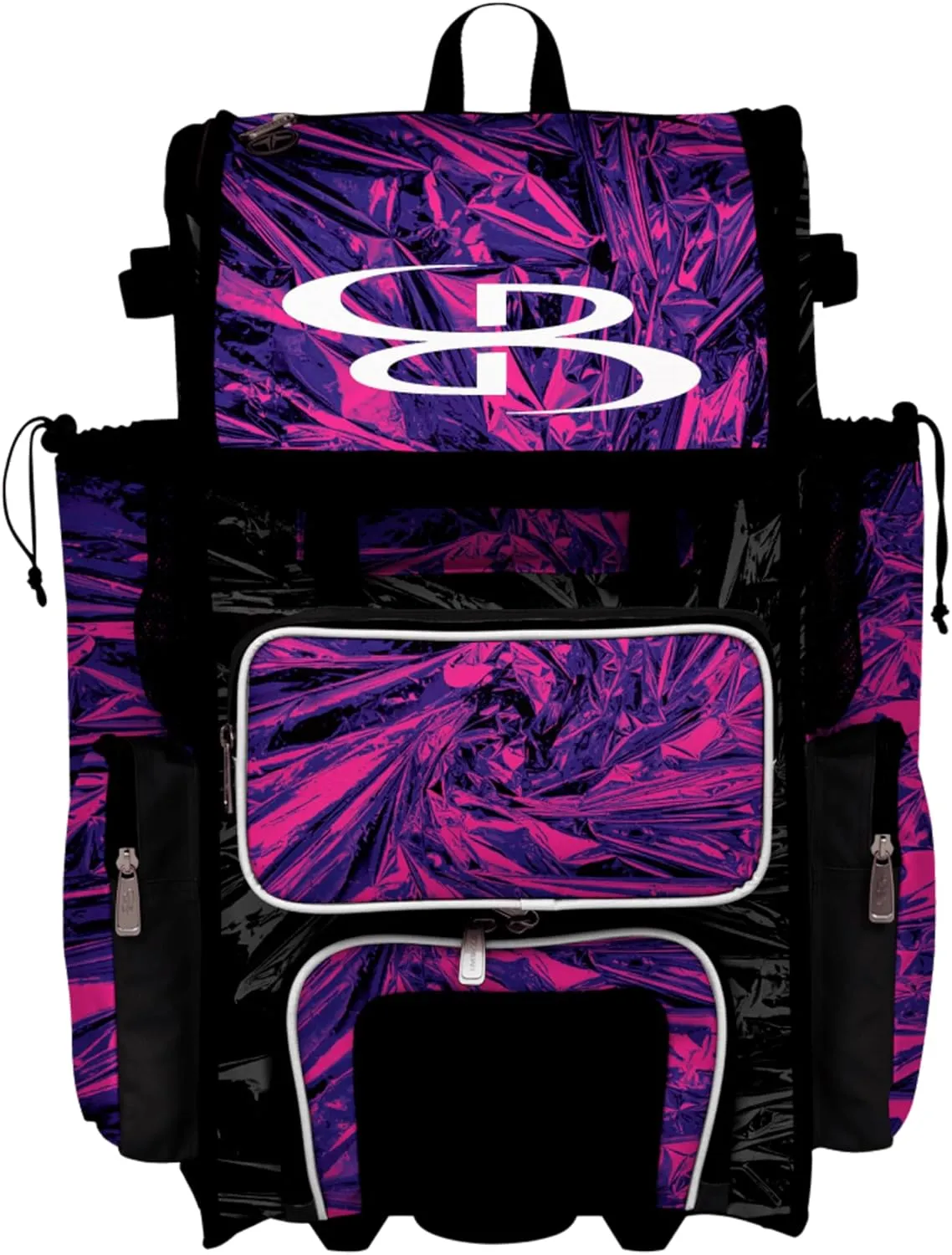 Boombah Rolling Superpack Baseball/Softball Gear Bag - 23-1/2" x 13-1/2" x 9-1/2" - Telescopic Handle - Holds 4 Bats - Wheeled Version - Fractal Black/Purple/White