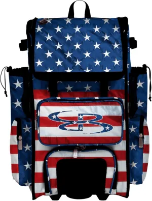 Boombah Rolling Superpack Baseball/Softball Gear Bag - 23-1/2" x 13-1/2" x 9-1/2" - Telescopic Handle - Holds 4 Bats - Wheeled Version - USA All Flag Royal Blue/Red/White