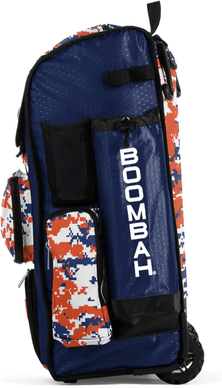 Boombah Rolling Superpack Baseball/Softball Gear Bag - BRSP2CMC23 Digital Camo Royal/Orange - Telescopic Handle - Holds 4 Bats - Wheeled Version