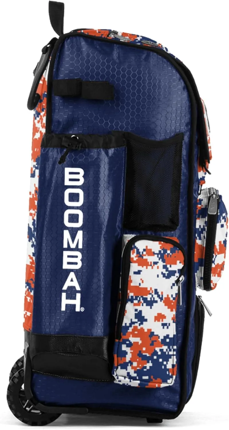 Boombah Rolling Superpack Baseball/Softball Gear Bag - BRSP2CMC23 Digital Camo Royal/Orange - Telescopic Handle - Holds 4 Bats - Wheeled Version