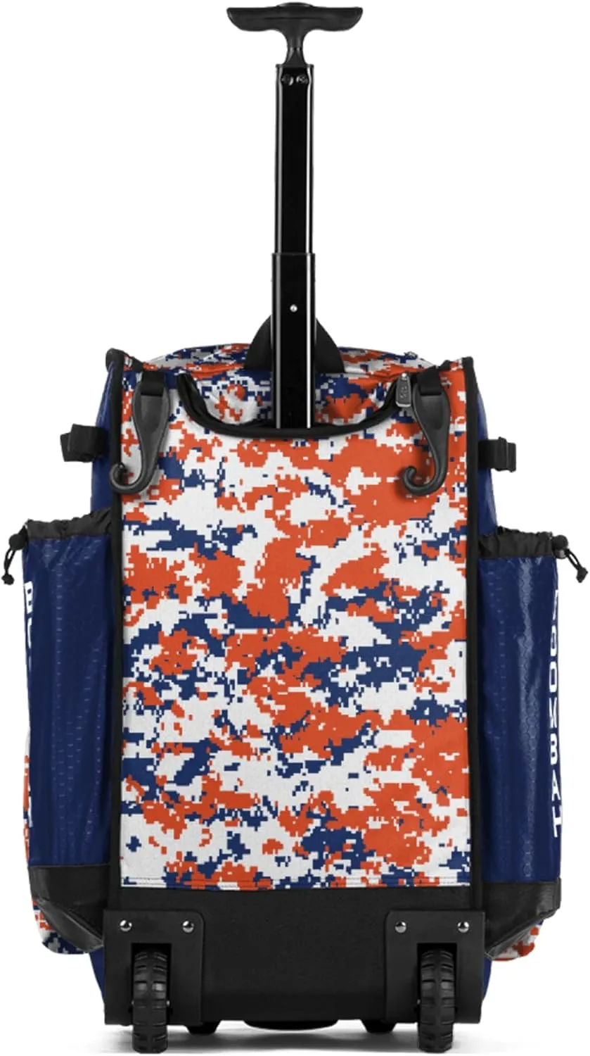 Boombah Rolling Superpack Baseball/Softball Gear Bag - BRSP2CMC23 Digital Camo Royal/Orange - Telescopic Handle - Holds 4 Bats - Wheeled Version