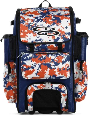 Boombah Rolling Superpack Baseball/Softball Gear Bag - BRSP2CMC23 Digital Camo Royal/Orange - Telescopic Handle - Holds 4 Bats - Wheeled Version