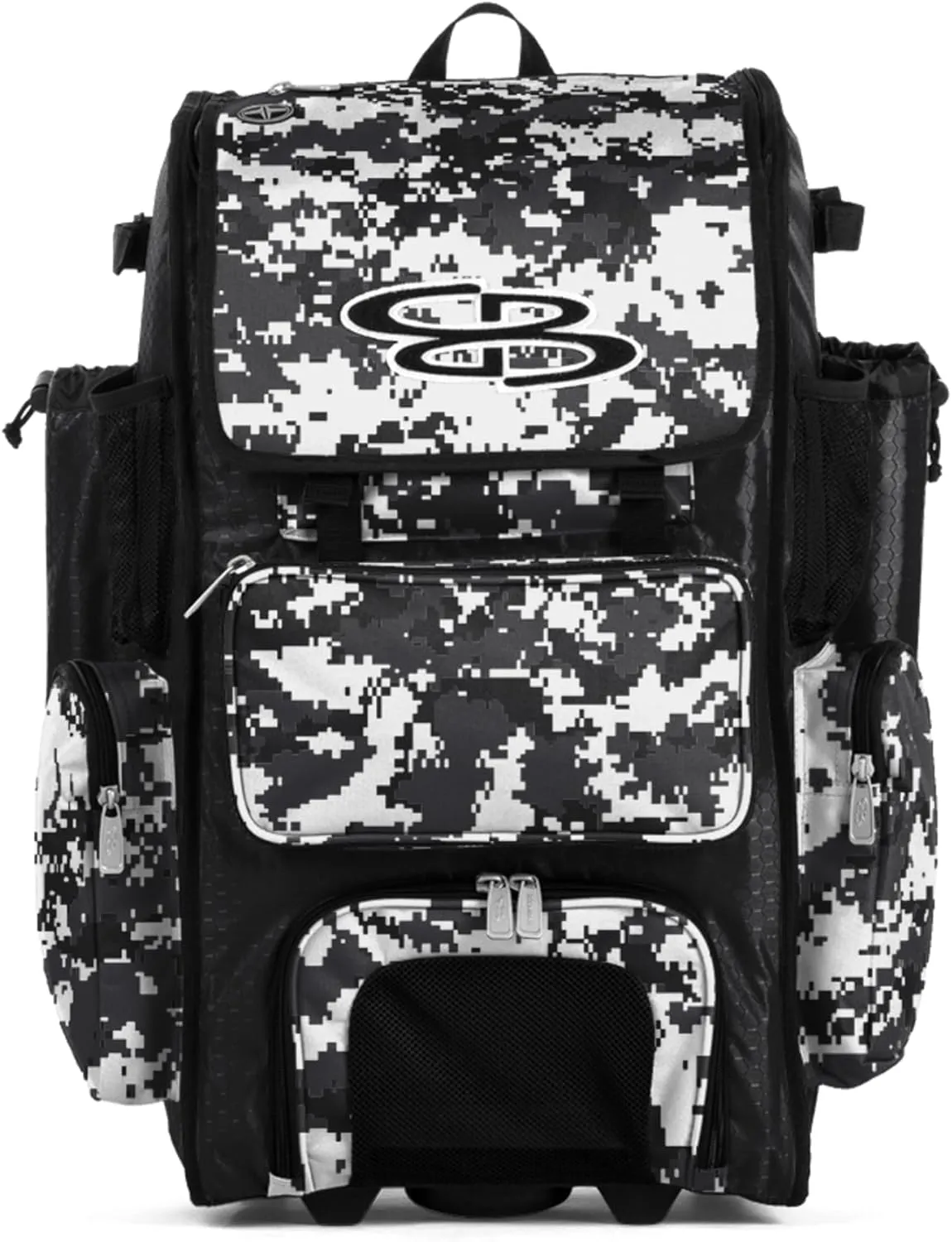 Boombah Rolling Superpack Baseball/Softball Gear Bag - Digital Camo Black/Charcoal - Telescopic Handle - Holds 4 Bats - Wheeled Version
