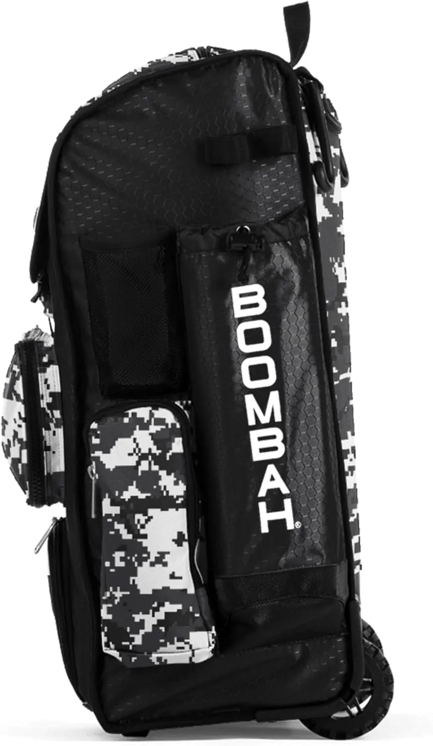 Boombah Rolling Superpack Baseball/Softball Gear Bag - Digital Camo Black/Charcoal - Telescopic Handle - Holds 4 Bats - Wheeled Version