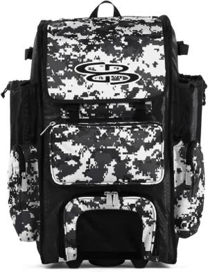 Boombah Rolling Superpack Baseball/Softball Gear Bag - Digital Camo Black/Charcoal - Telescopic Handle - Holds 4 Bats - Wheeled Version