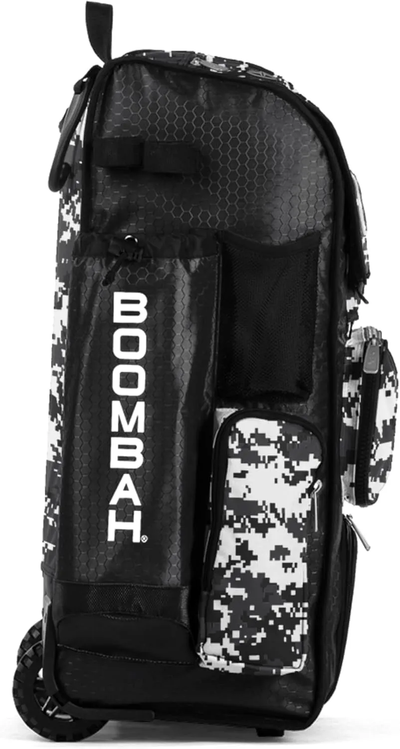 Boombah Rolling Superpack Baseball/Softball Gear Bag - Digital Camo Black/Charcoal - Telescopic Handle - Holds 4 Bats - Wheeled Version