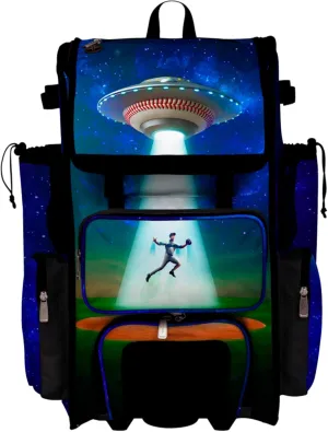 Boombah Rolling Superpack Baseball/Softball Gear Bag - Telescopic Handle - Holds 4 Bats - Wheeled Version - Baseball Beamed Up Black/Cobalt/Kelly Green
