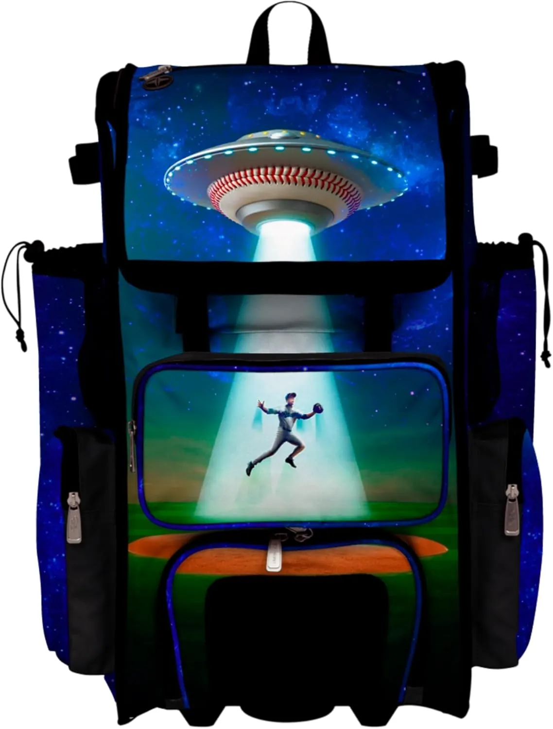 Boombah Rolling Superpack Baseball/Softball Gear Bag - Telescopic Handle - Holds 4 Bats - Wheeled Version - Baseball Beamed Up Black/Cobalt/Kelly Green