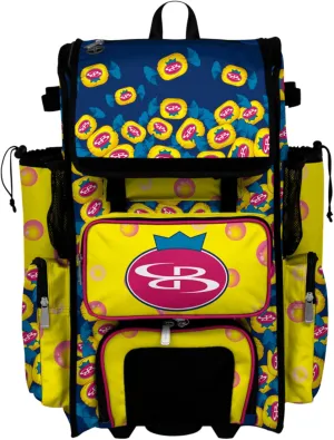 Boombah Rolling Superpack Baseball/Softball Gear Bag - Telescopic Handle - Holds 4 Bats - Wheeled Version - Bubblegum Royal Blue/Yellow/Hot Pink