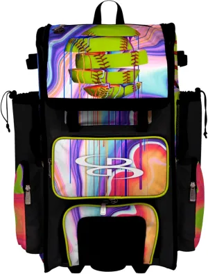 Boombah Rolling Superpack Baseball/Softball Gear Bag - Telescopic Handle - Holds 4 Bats - Wheeled Version - Softball Focus Optic Yellow/Black/Amethyst Orchid