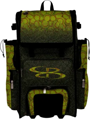 Boombah Rolling Superpack Baseball/Softball Gear Bag - Telescopic Handle - Holds 4 Bats - Wheeled Version - Softball Optic Black Glitter Black/Optic Yellow/Red