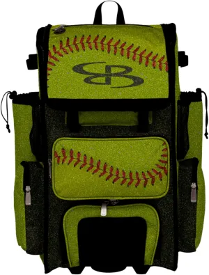 Boombah Rolling Superpack Baseball/Softball Gear Bag - Telescopic Handle - Holds 4 Bats - Wheeled Version - Softball Optic Yellow Glitter Optic Yellow/Red/Black