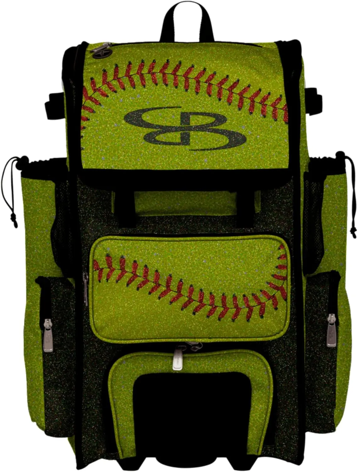 Boombah Rolling Superpack Baseball/Softball Gear Bag - Telescopic Handle - Holds 4 Bats - Wheeled Version - Softball Optic Yellow Glitter Optic Yellow/Red/Black