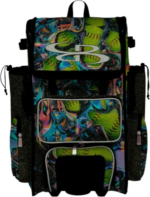 Boombah Rolling Superpack Baseball/Softball Gear Bag - Telescopic Handle - Holds 4 Bats - Wheeled Version - Softball Warp Glitter Optic Yellow/Black/White