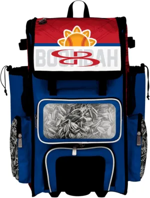 Boombah Rolling Superpack Baseball/Softball Gear Bag - Telescopic Handle - Holds 4 Bats - Wheeled Version - Sunflower Seeds Royal Blue/Red/White