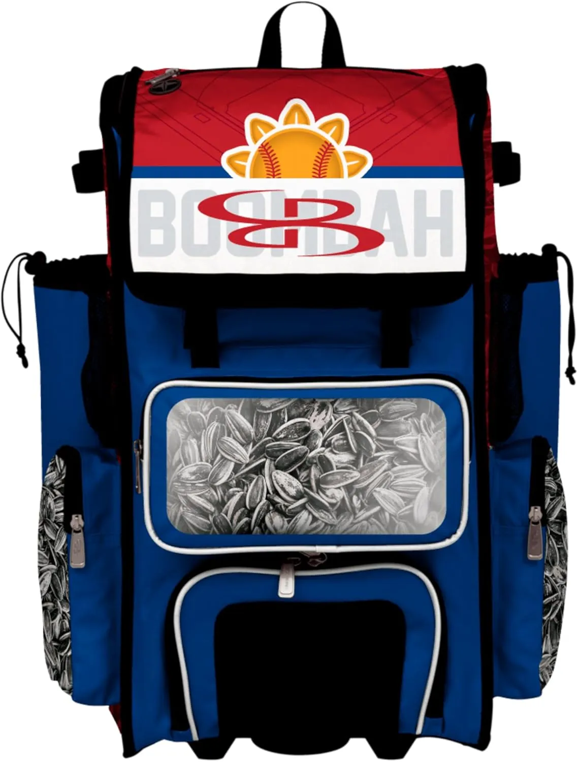 Boombah Rolling Superpack Baseball/Softball Gear Bag - Telescopic Handle - Holds 4 Bats - Wheeled Version - Sunflower Seeds Royal Blue/Red/White