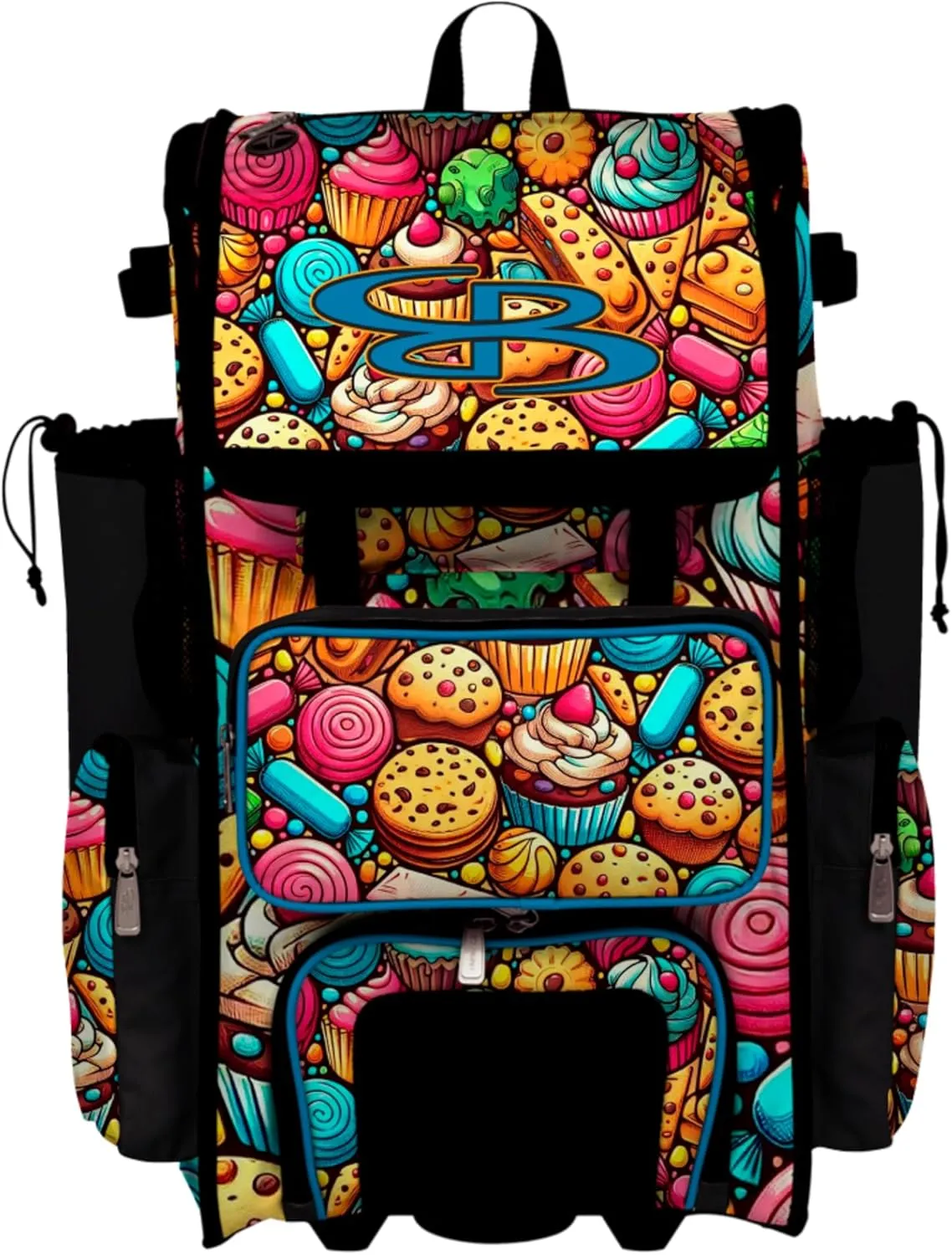Boombah Rolling Superpack Baseball/Softball Gear Bag - Telescopic Handle - Holds 4 Bats - Wheeled Version - Sweet Treats Multi