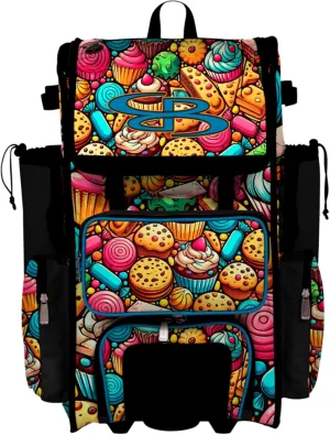 Boombah Rolling Superpack Baseball/Softball Gear Bag - Telescopic Handle - Holds 4 Bats - Wheeled Version - Sweet Treats Multi