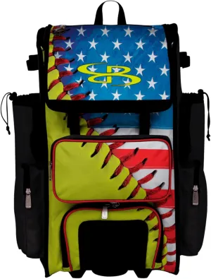 Boombah Rolling Superpack Baseball/Softball Gear Bag - Telescopic Handle - Holds 4 Bats - Wheeled Version - USA Softball Classic Optic Yellow/Royal Blue/Red