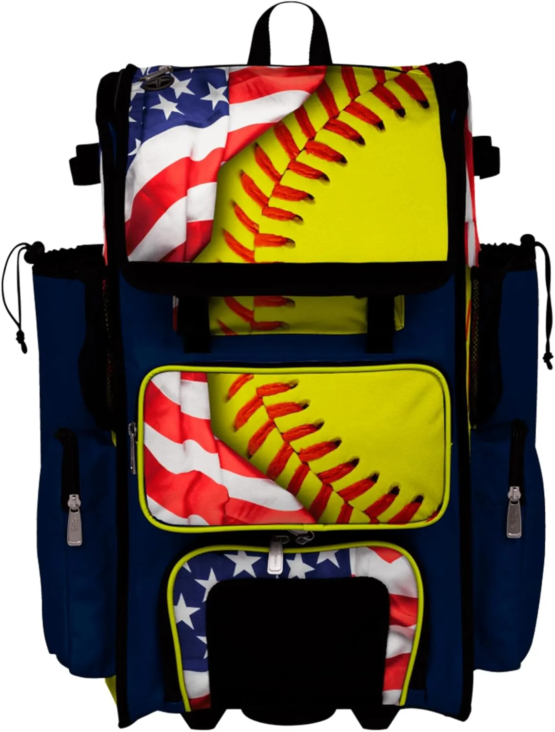 Boombah Rolling Superpack Baseball/Softball Gear Bag - Telescopic Handle - Holds 4 Bats - Wheeled Version - USA Softball Game Time Navy/Red/Optic Yellow