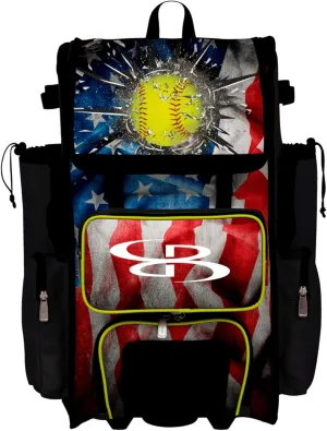 Boombah Rolling Superpack Baseball/Softball Gear Bag - Telescopic Handle - Holds 4 Bats - Wheeled Version - USA Softball Grand Slam Black/Red/Optic Yellow
