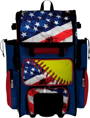 Boombah Rolling Superpack Baseball/Softball Gear Bag - Telescopic Handle - Holds 4 Bats - Wheeled Version - USA Softball Royal Blue/Red/Optic Yellow