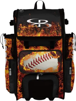 Boombah Superpack Hybrid Rolling Bat Bag - Fire Ball Black/Orange/White - Wheeled & Backpack Version