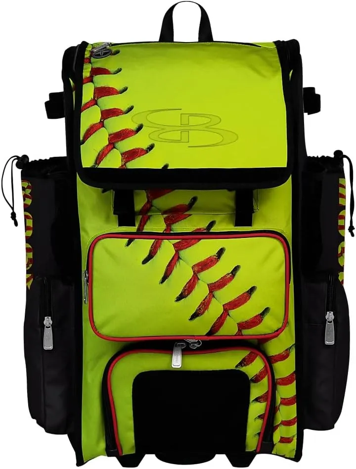 Boombah Superpack Hybrid Rolling Bat Bag - Homerun Softball Bat Pack Optic Yellow/Black/Red - Wheeled & Backpack Version