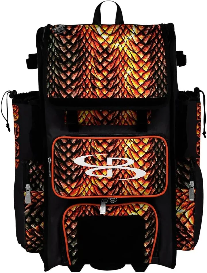 Boombah Superpack Hybrid Rolling Bat Bag - Scales Bat Pack Black/Orange/White - Wheeled & Backpack Version
