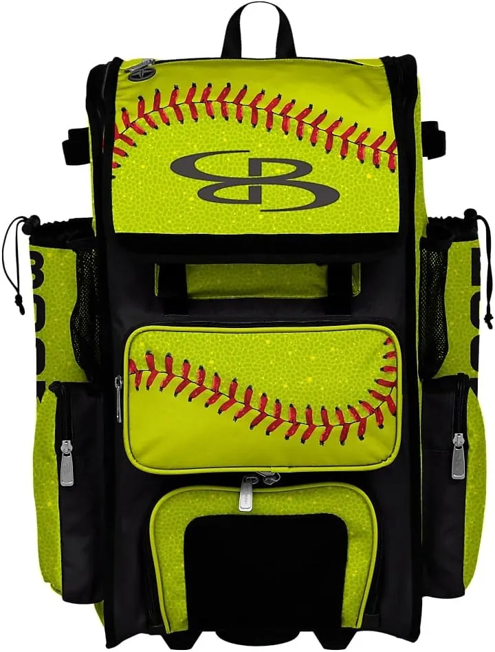 Boombah Superpack Hybrid Rolling Bat Bag - Softball 2.0 Bat Pack Optic Yellow/Red/Black - Wheeled & Backpack Version