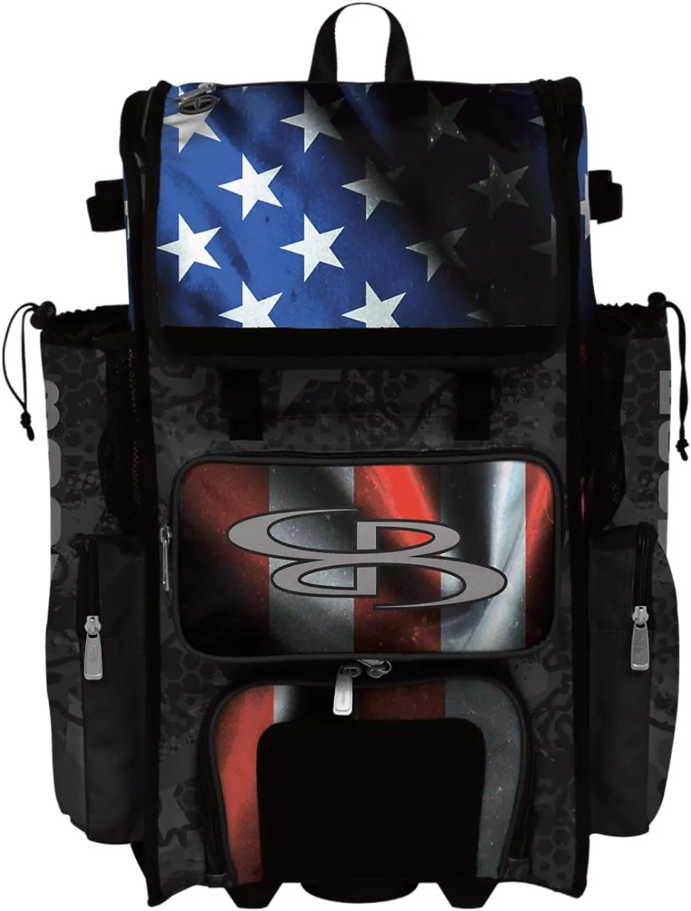 Boombah Superpack Hybrid Rolling Bat Bag - USA Black Ops Black/Royal Blue/Red - Wheeled & Backpack Version