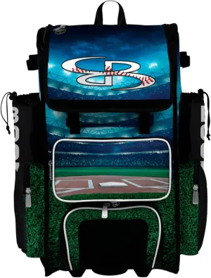 Boombah Superpack Hybrid Rolling Bat Bag - Wheeled & Backpack Version - Baseball Stadium Lights Black/White/Kelly Green