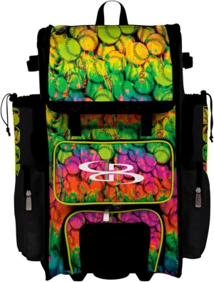 Boombah Superpack Hybrid Rolling Bat Bag - Wheeled & Backpack Version - Softball Neon Ballpark Multi