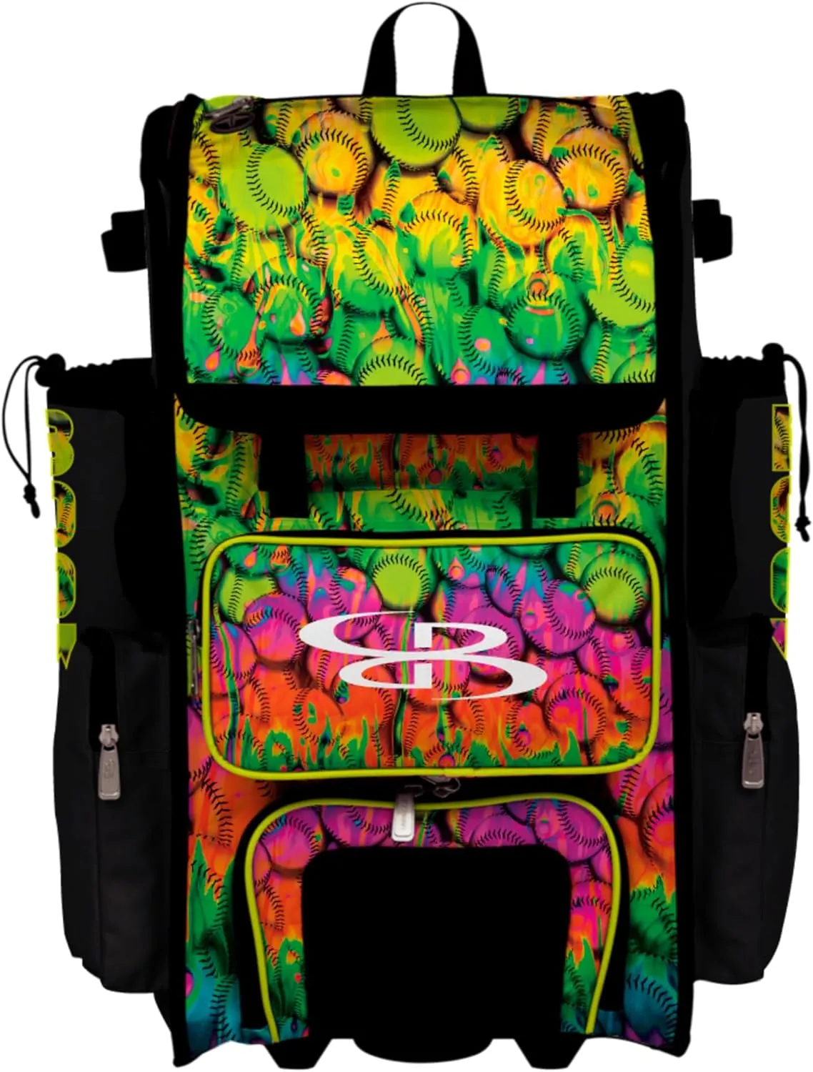 Boombah Superpack Hybrid Rolling Bat Bag - Wheeled & Backpack Version - Softball Neon Ballpark Multi
