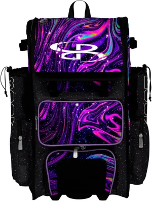 Boombah Superpack Hybrid Rolling Bat Bag - Wheeled & Backpack Version - Supernova Black/Amethyst Orchid/White