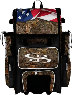 Boombah Superpack Hybrid Rolling Bat Bag - Wheeled & Backpack Version - USA Backwoods Black/White/Olive Drab