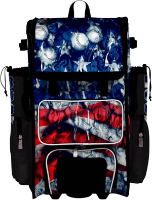 Boombah Superpack Hybrid Rolling Bat Bag - Wheeled & Backpack Version - USA Baseball Ballpark Black/Royal Blue/Red