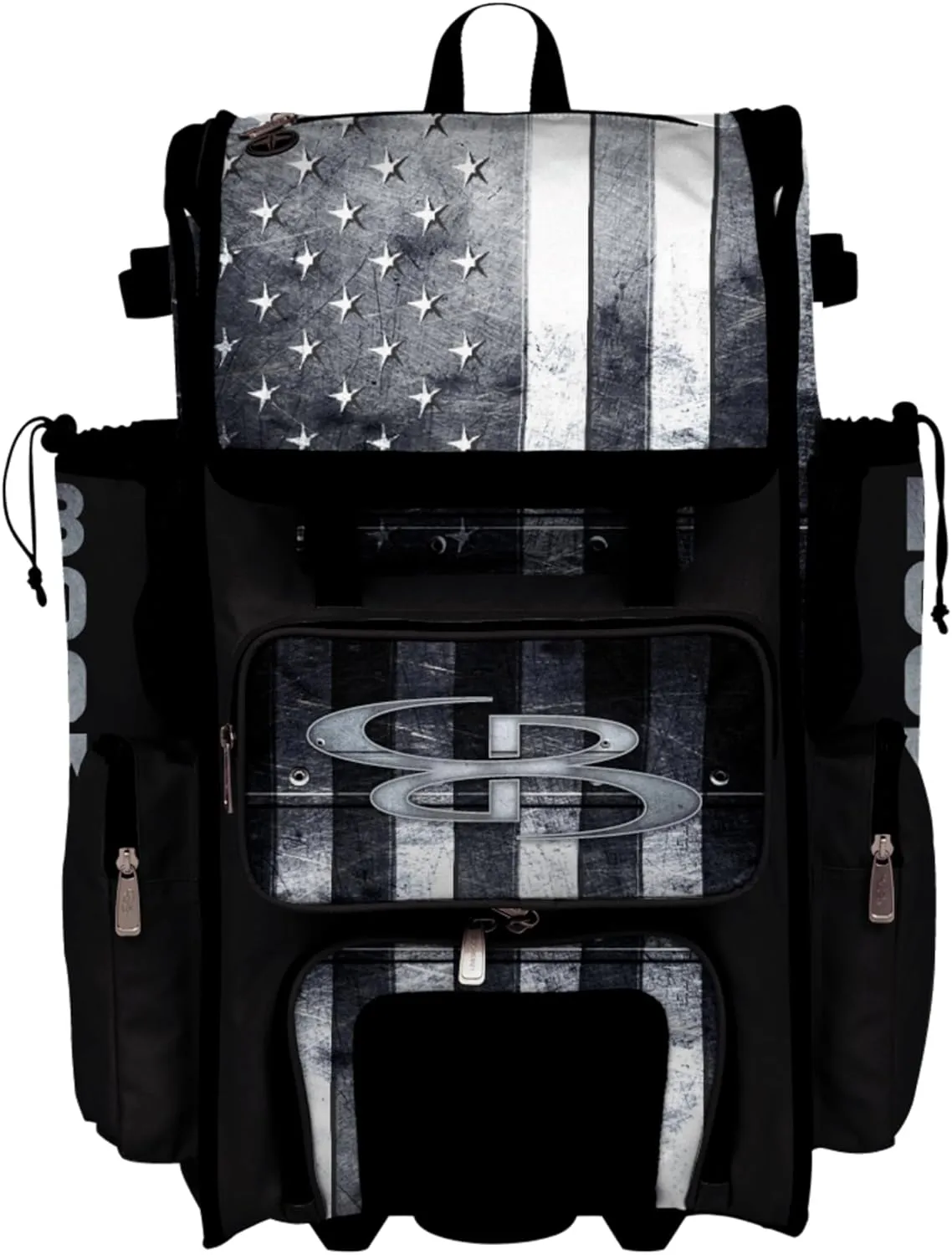 Boombah Superpack Hybrid Rolling Bat Bag - Wheeled & Backpack Version - USA Shield Black Ops Black/Gray/White