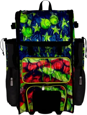 Boombah Superpack Hybrid Rolling Bat Bag - Wheeled & Backpack Version - USA Softball Ballpark Black/Royal Blue/Red