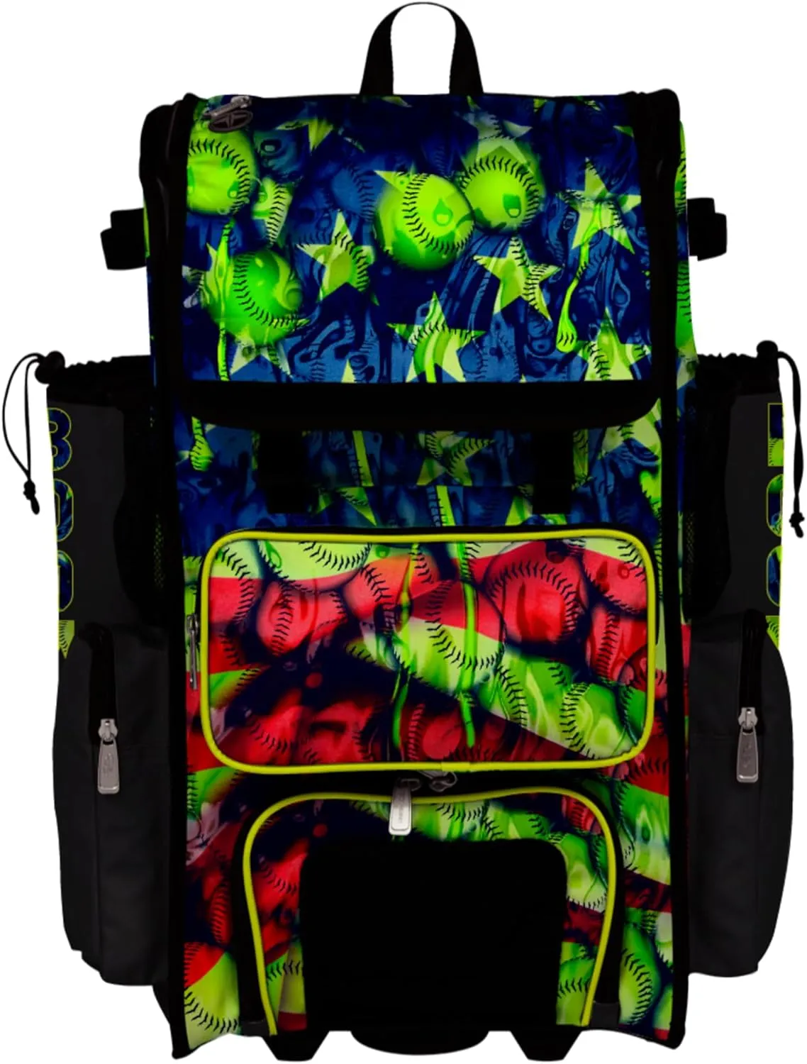 Boombah Superpack Hybrid Rolling Bat Bag - Wheeled & Backpack Version - USA Softball Ballpark Black/Royal Blue/Red
