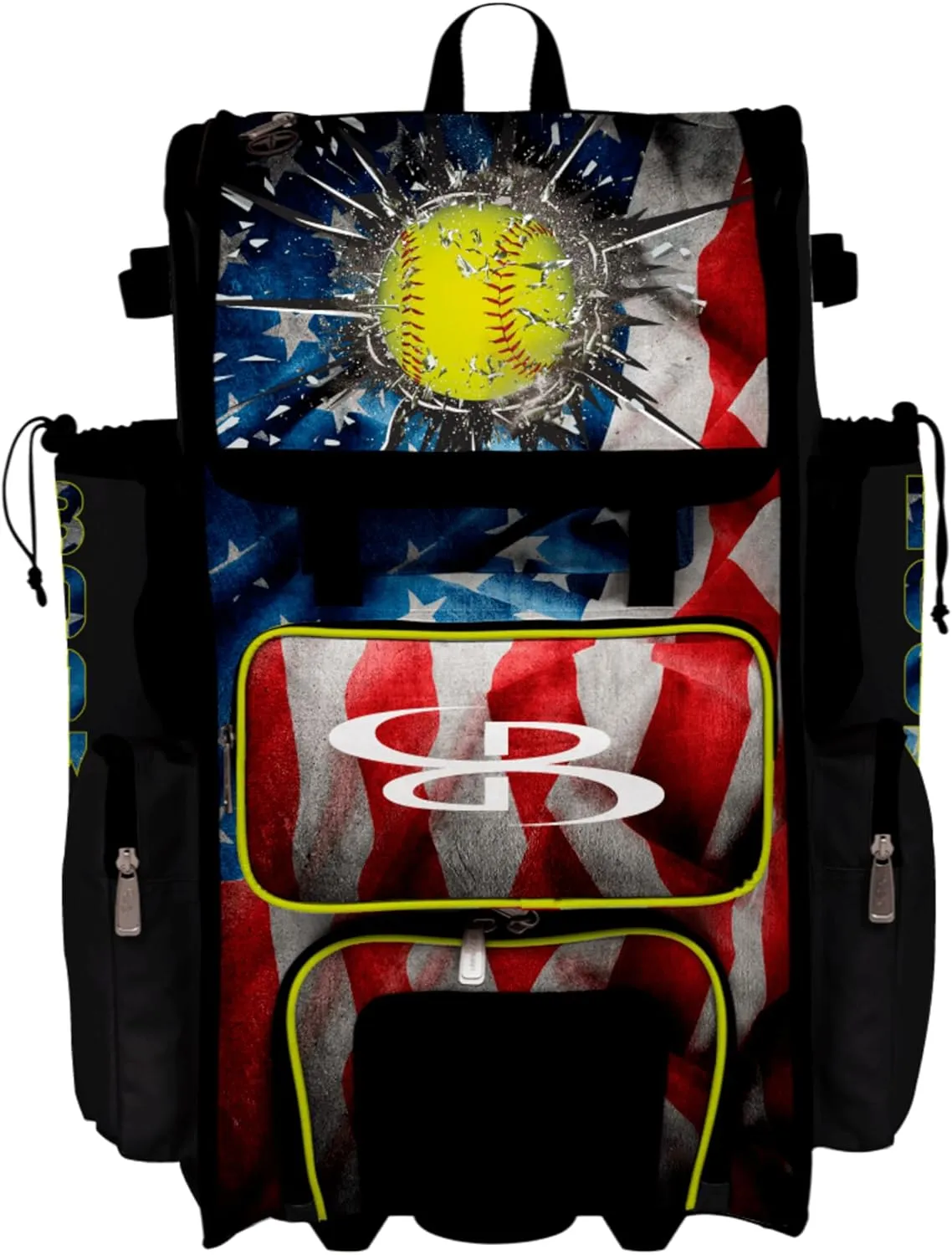 Boombah Superpack Hybrid Rolling Bat Bag - Wheeled & Backpack Version - USA Softball Grand Slam Black/Red/Optic Yellow