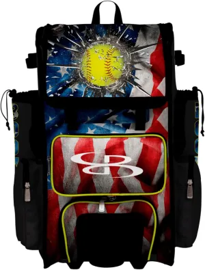 Boombah Superpack Hybrid Rolling Bat Bag - Wheeled & Backpack Version - USA Softball Grand Slam Black/Red/Optic Yellow