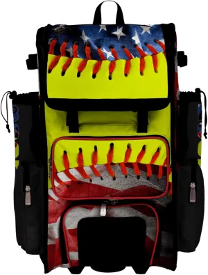 Boombah Superpack Hybrid Rolling Bat Bag - Wheeled & Backpack Version - USA Softball Represent Red/Royal Blue/Optic Yellow