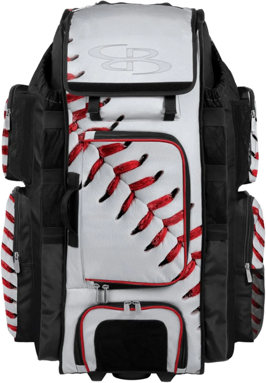 Boombah Superpack XL Rolling Bat Bag - 36" x 16" x 23.5" - Telescopic Handle - Holds 8 Bats - Wheeled Version - Baseball Homerun White/Black/Red